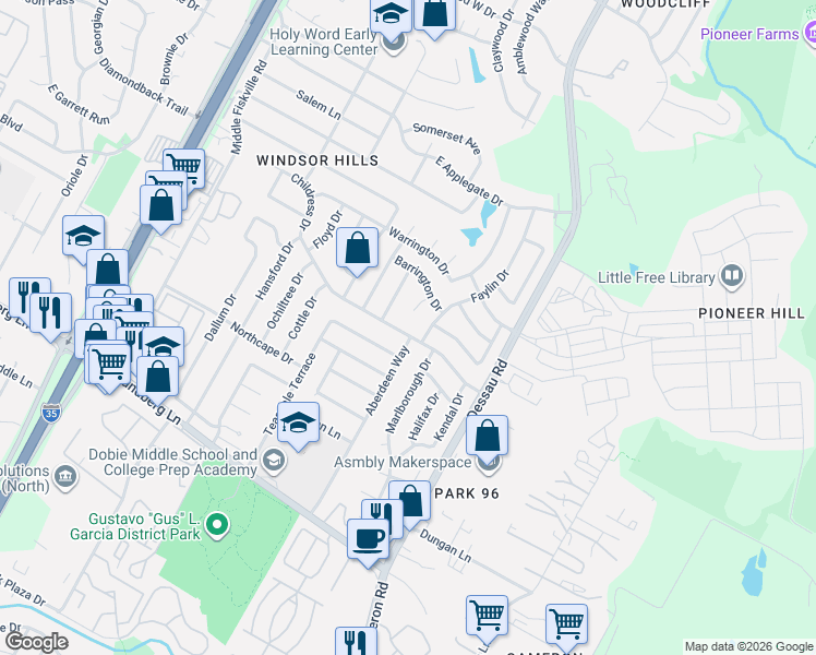 map of restaurants, bars, coffee shops, grocery stores, and more near 9840 Childress Drive in Austin