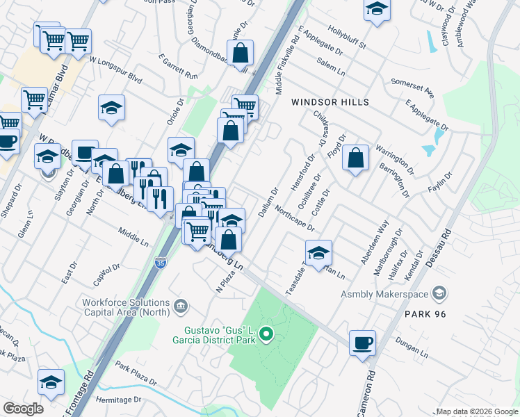 map of restaurants, bars, coffee shops, grocery stores, and more near 9601 Dallum Drive in Austin