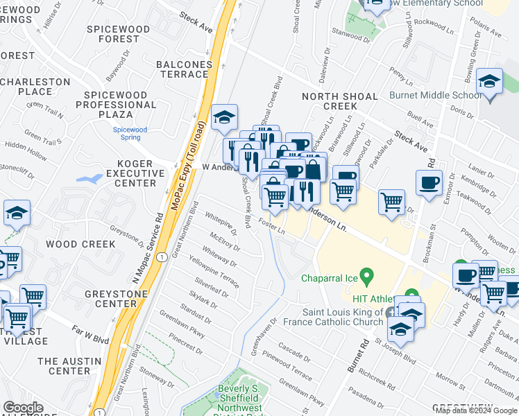 map of restaurants, bars, coffee shops, grocery stores, and more near 7801 Shoal Creek Boulevard in Austin