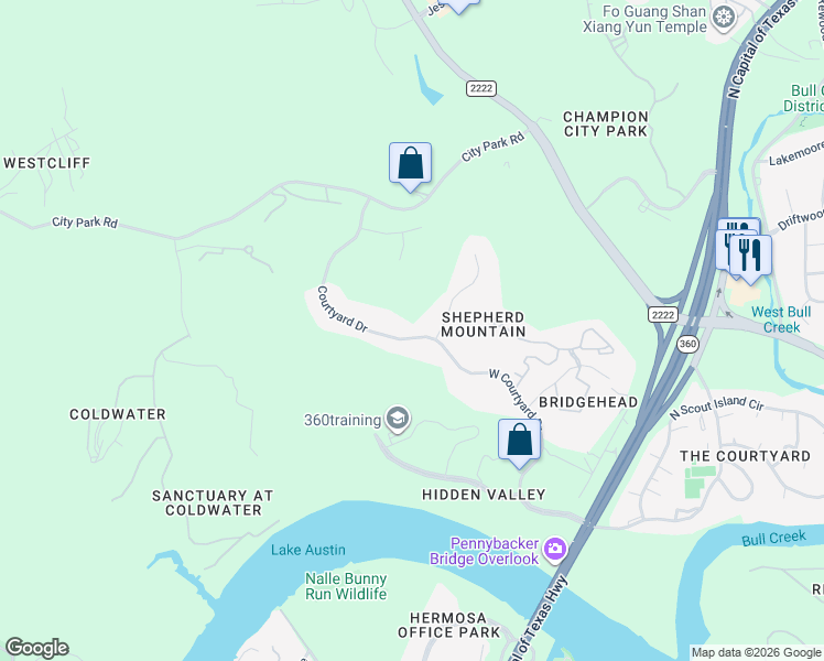 map of restaurants, bars, coffee shops, grocery stores, and more near 6505 West Courtyard Drive in Austin