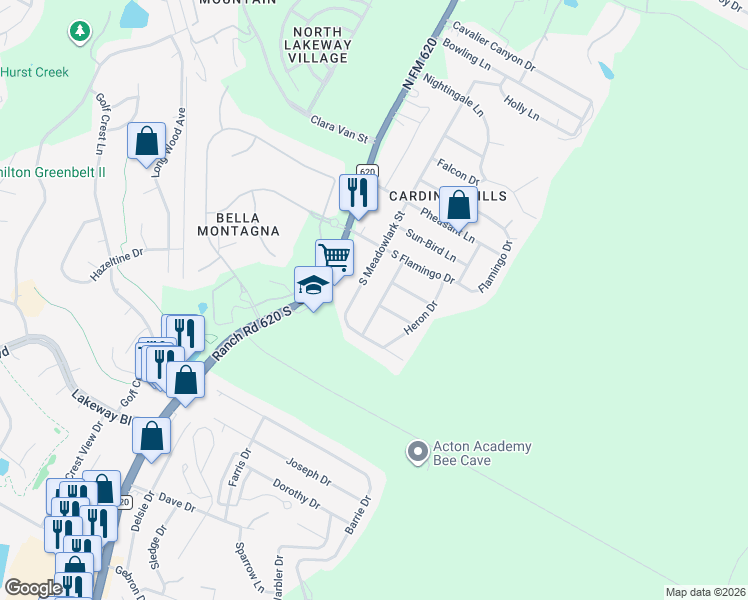 map of restaurants, bars, coffee shops, grocery stores, and more near 15203 Canary Street in Austin
