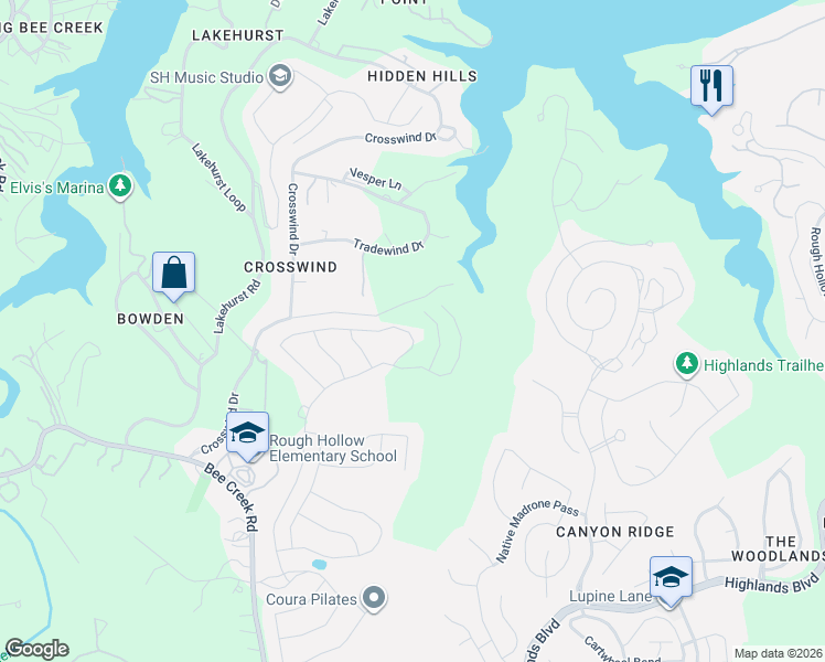 map of restaurants, bars, coffee shops, grocery stores, and more near 101-19399 Hornsby Lane in Spicewood