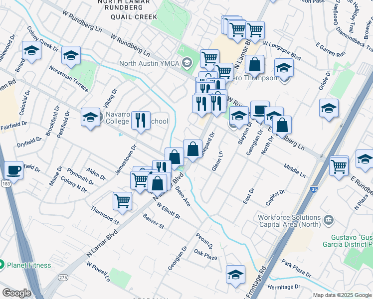 map of restaurants, bars, coffee shops, grocery stores, and more near 8912 North Lamar Boulevard in Austin