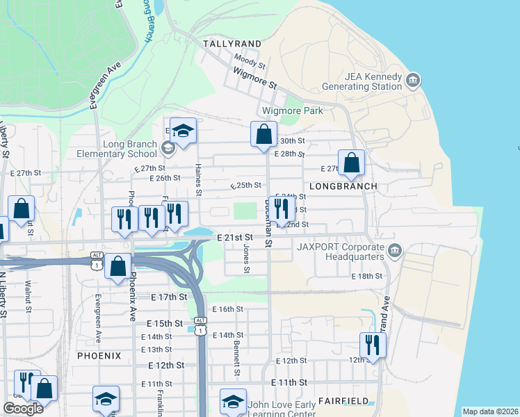map of restaurants, bars, coffee shops, grocery stores, and more near 3216 Buckman Street in Jacksonville