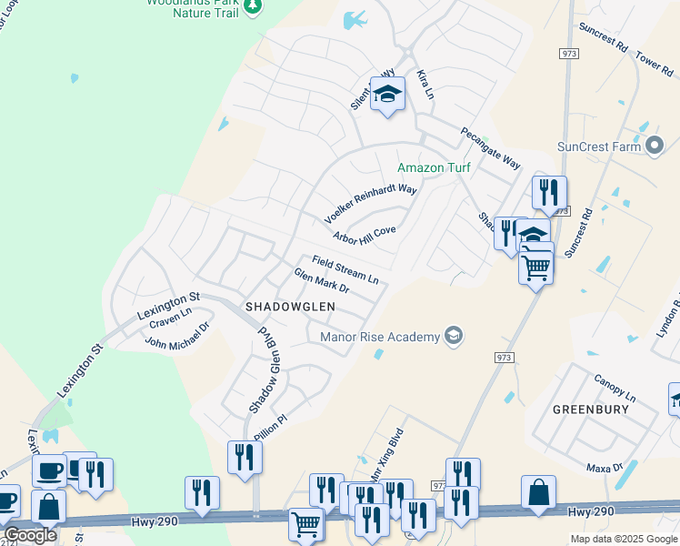 map of restaurants, bars, coffee shops, grocery stores, and more near 13708 Field Stream Lane in Manor