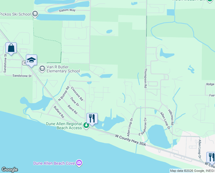 map of restaurants, bars, coffee shops, grocery stores, and more near 106 Old Winston Circle in Santa Rosa Beach