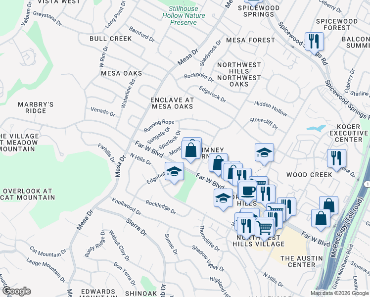 map of restaurants, bars, coffee shops, grocery stores, and more near 7109 Montana Norte in Austin