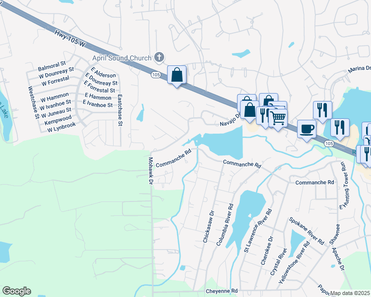 map of restaurants, bars, coffee shops, grocery stores, and more near 213 Commanche Road in Montgomery