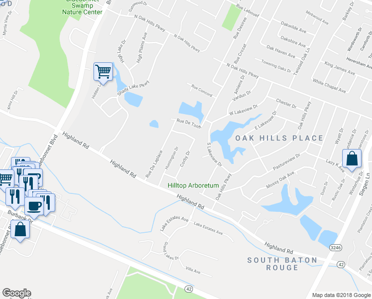 map of restaurants, bars, coffee shops, grocery stores, and more near 455 Corby Drive in Baton Rouge