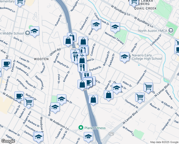 map of restaurants, bars, coffee shops, grocery stores, and more near 8501 Brookfield Drive in Austin