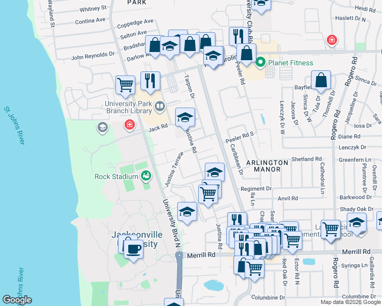 map of restaurants, bars, coffee shops, grocery stores, and more near 3266 Justina Road in Jacksonville