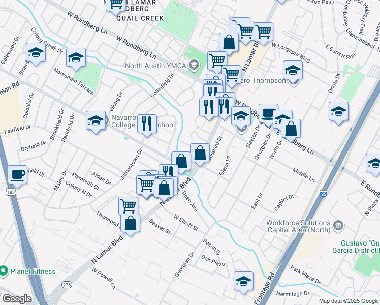 map of restaurants, bars, coffee shops, grocery stores, and more near 8900 North Lamar Boulevard in Austin