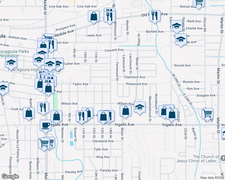 map of restaurants, bars, coffee shops, grocery stores, and more near 2302 14th Street in Pascagoula