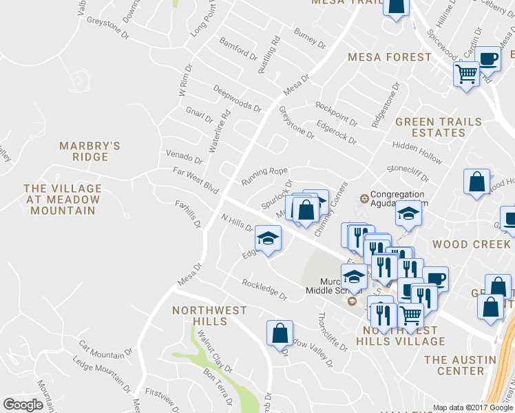 map of restaurants, bars, coffee shops, grocery stores, and more near 7100 Spurlock Drive in Austin