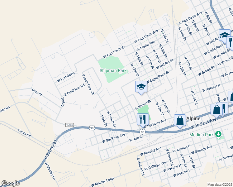 map of restaurants, bars, coffee shops, grocery stores, and more near 1909 West Eagle Pass Street in Alpine