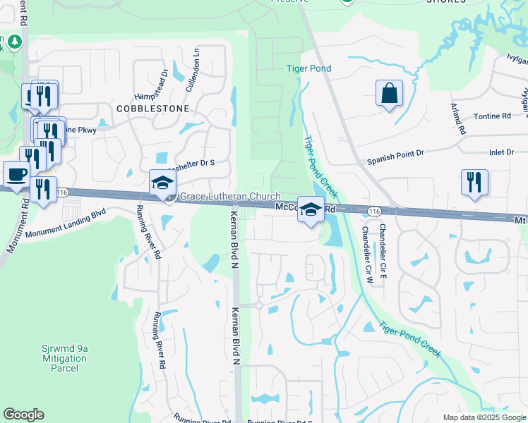 map of restaurants, bars, coffee shops, grocery stores, and more near 1830 Tea Olive Court in Jacksonville