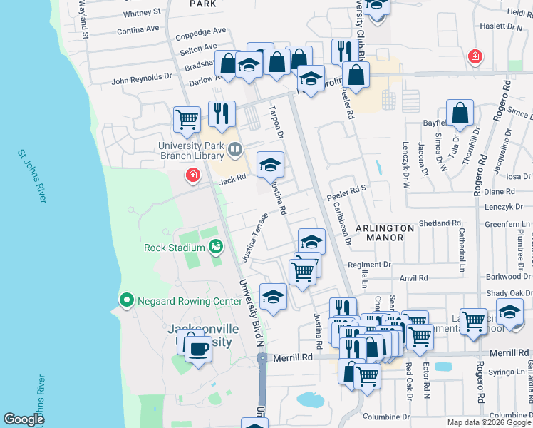 map of restaurants, bars, coffee shops, grocery stores, and more near 3263 Justina Terrace in Jacksonville