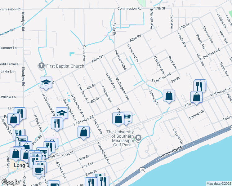 map of restaurants, bars, coffee shops, grocery stores, and more near 205 Lawler Avenue in Long Beach