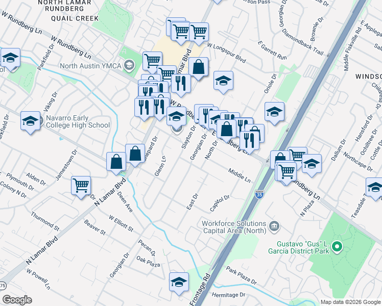 map of restaurants, bars, coffee shops, grocery stores, and more near in Austin