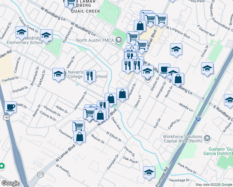 map of restaurants, bars, coffee shops, grocery stores, and more near 8900 North Lamar Boulevard in Austin