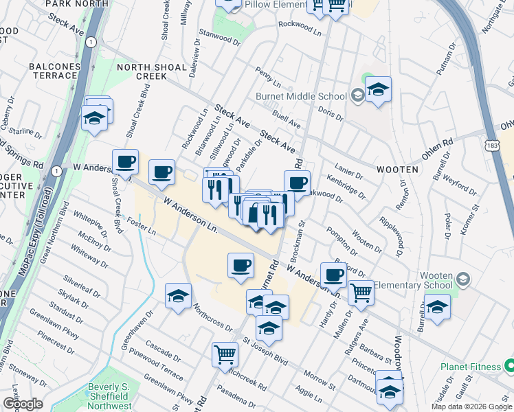 map of restaurants, bars, coffee shops, grocery stores, and more near 2438 West Anderson Lane in Austin