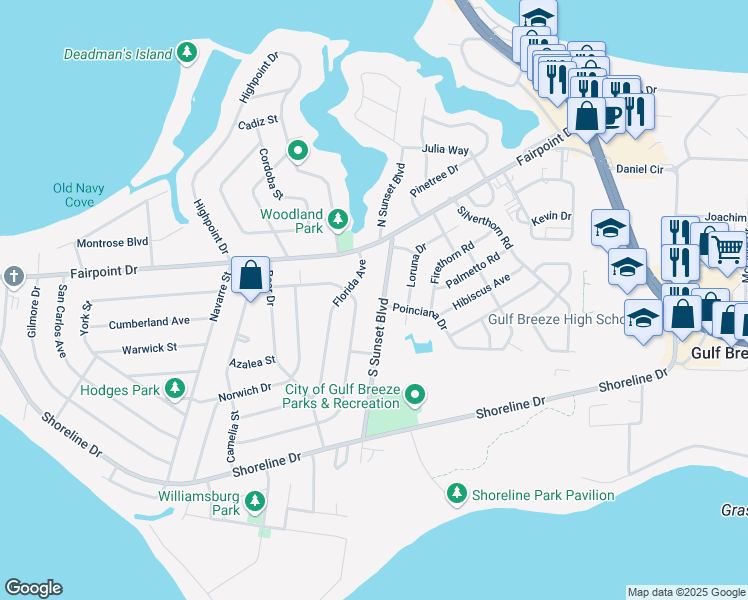 map of restaurants, bars, coffee shops, grocery stores, and more near 200 South Sunset Boulevard in Gulf Breeze