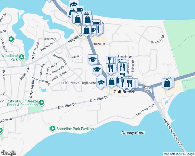 map of restaurants, bars, coffee shops, grocery stores, and more near 649 Gulf Breeze Parkway in Gulf Breeze