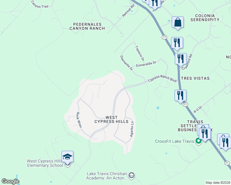 map of restaurants, bars, coffee shops, grocery stores, and more near 5213 Cypress Ranch Boulevard in Spicewood
