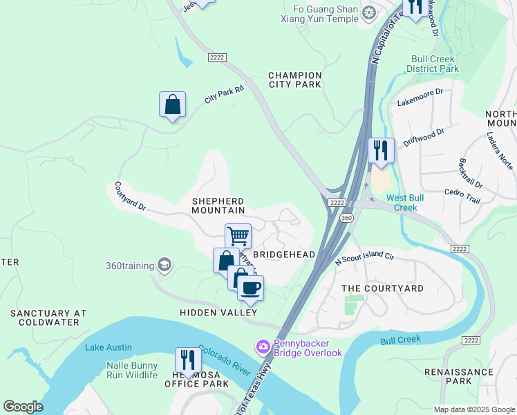 map of restaurants, bars, coffee shops, grocery stores, and more near 6000 Shepherd Mountain Cove in Austin