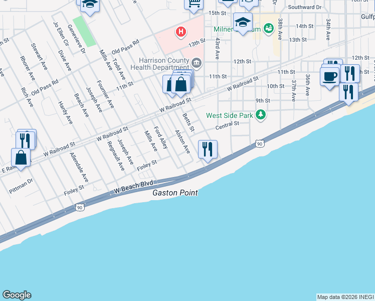 map of restaurants, bars, coffee shops, grocery stores, and more near 737 Alston Ave in Gulfport