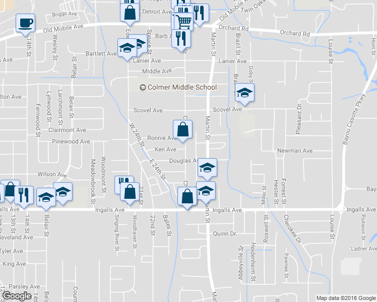 map of restaurants, bars, coffee shops, grocery stores, and more near 2308 Chicot Street in Pascagoula