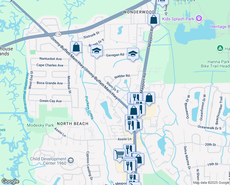 map of restaurants, bars, coffee shops, grocery stores, and more near 2586 Stern Drive South in Jacksonville