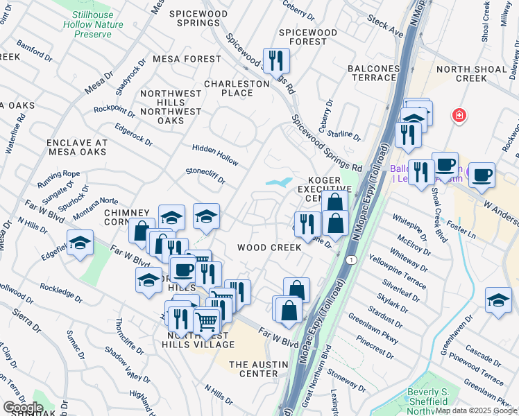 map of restaurants, bars, coffee shops, grocery stores, and more near 3600 Greystone Drive in Austin