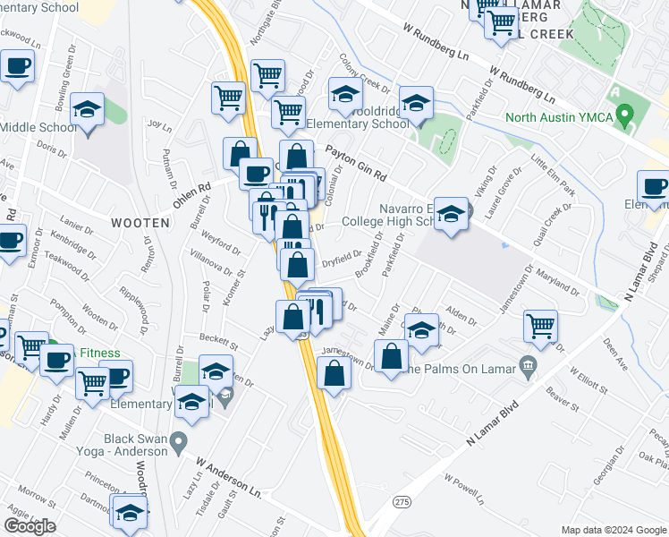 map of restaurants, bars, coffee shops, grocery stores, and more near 8509 Dryfield Drive in Austin
