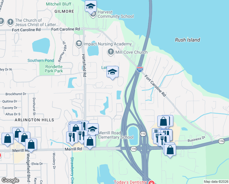 map of restaurants, bars, coffee shops, grocery stores, and more near 3323 Abbeyfield Drive East in Jacksonville