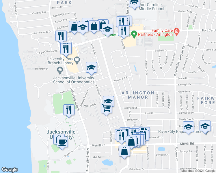map of restaurants, bars, coffee shops, grocery stores, and more near 5824 Justina Court in Jacksonville