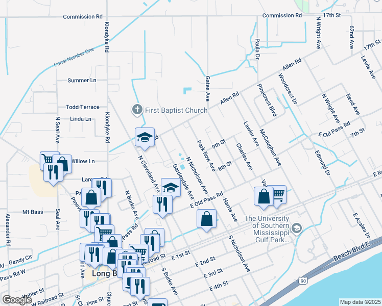 map of restaurants, bars, coffee shops, grocery stores, and more near 726 North Nicholson Avenue in Long Beach