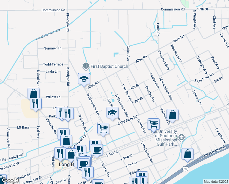 map of restaurants, bars, coffee shops, grocery stores, and more near 726 North Nicholson Avenue in Long Beach