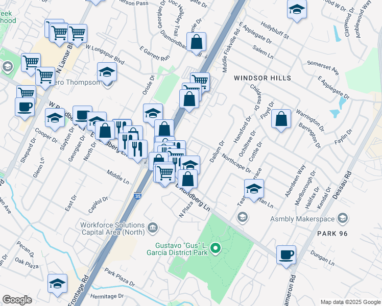 map of restaurants, bars, coffee shops, grocery stores, and more near 9435 Middle Fiskville Road in Austin