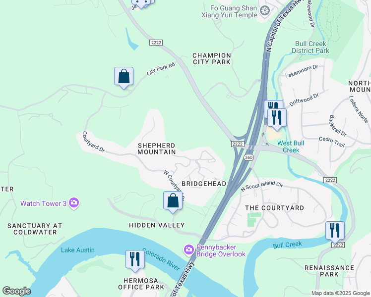 map of restaurants, bars, coffee shops, grocery stores, and more near 6000 Shepherd Mountain Cove in Austin
