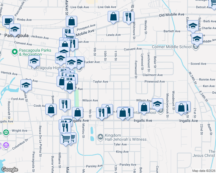 map of restaurants, bars, coffee shops, grocery stores, and more near 2307 12th Street in Pascagoula