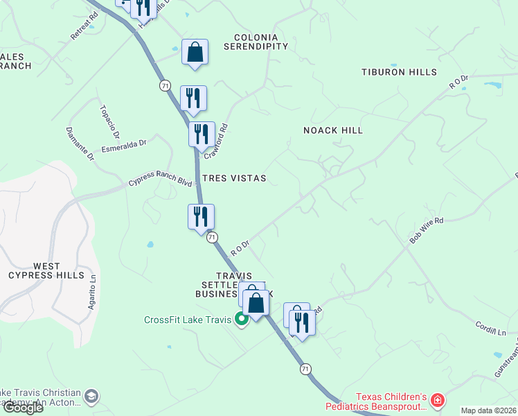 map of restaurants, bars, coffee shops, grocery stores, and more near 4800 R O Drive in Spicewood