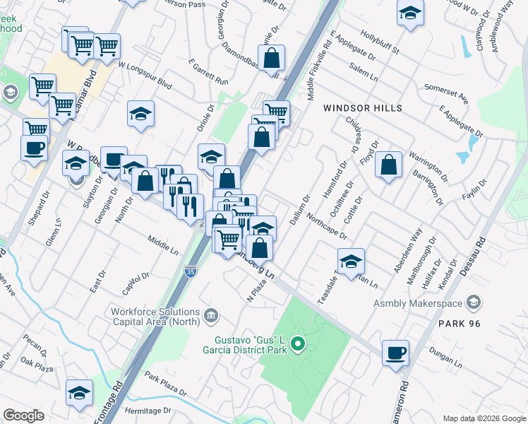 map of restaurants, bars, coffee shops, grocery stores, and more near 9435 Middle Fiskville Road in Austin