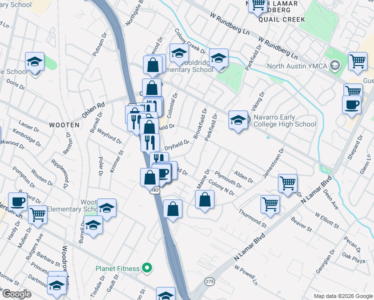 map of restaurants, bars, coffee shops, grocery stores, and more near 8516 Brookfield Drive in Austin