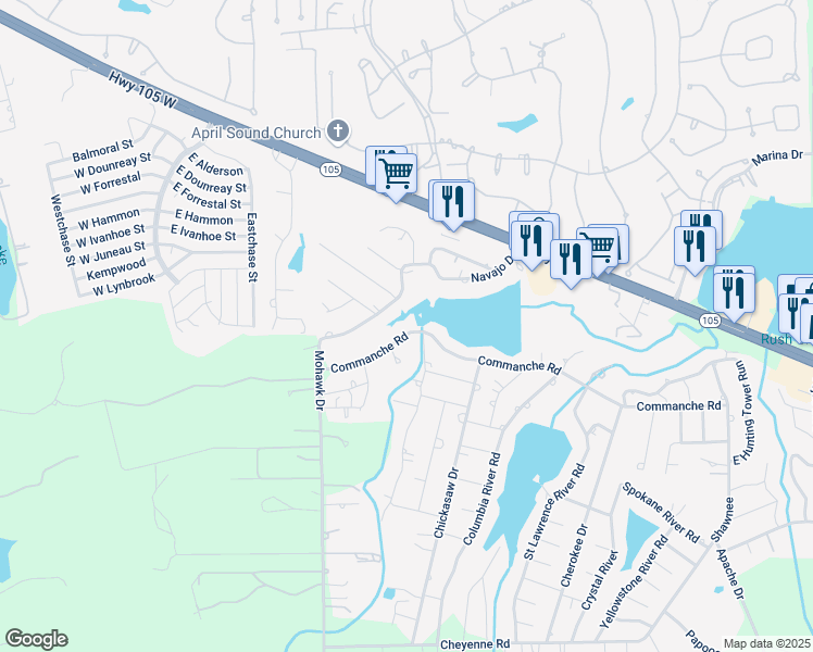 map of restaurants, bars, coffee shops, grocery stores, and more near 213 Commanche Road in Montgomery
