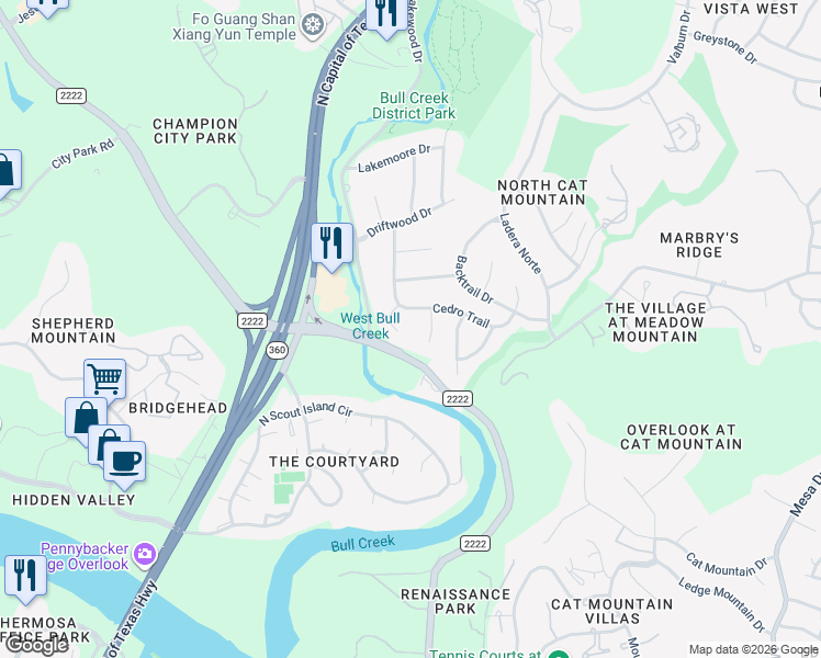 map of restaurants, bars, coffee shops, grocery stores, and more near 1393 Ranch Road 2222 in Austin
