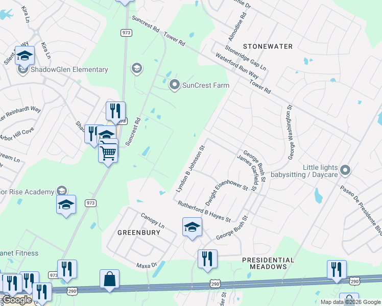 map of restaurants, bars, coffee shops, grocery stores, and more near 13716 Lyndon B Johnson Street in Manor
