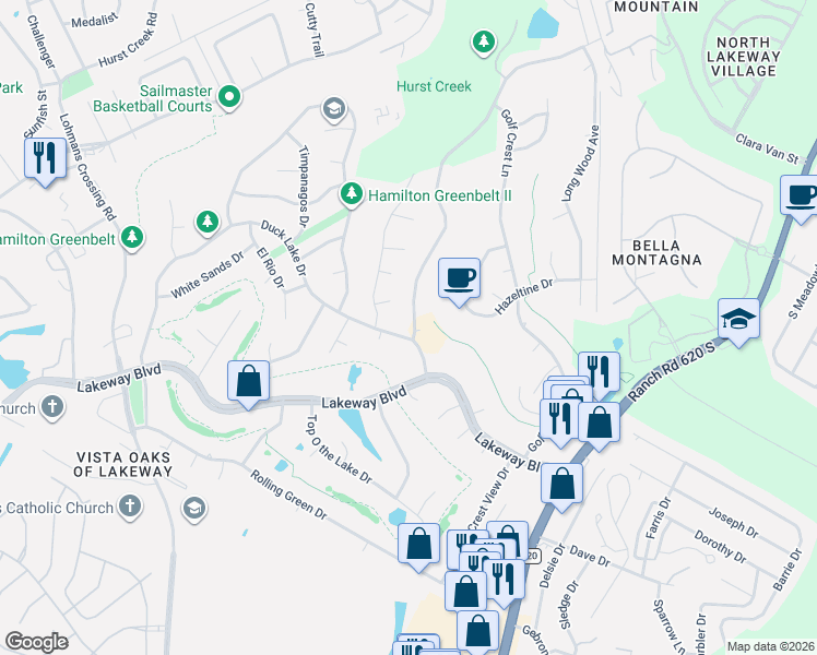 map of restaurants, bars, coffee shops, grocery stores, and more near 101 Clubhouse Drive in Lakeway