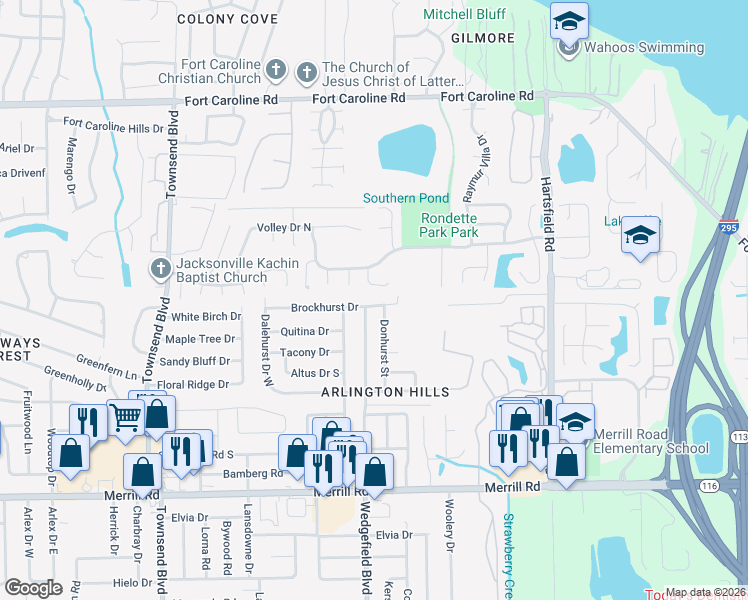 map of restaurants, bars, coffee shops, grocery stores, and more near 7753 Brockhurst Drive in Jacksonville