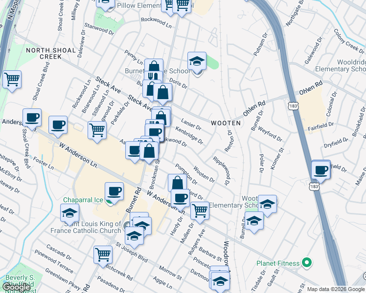 map of restaurants, bars, coffee shops, grocery stores, and more near 2111 Teakwood Drive in Austin